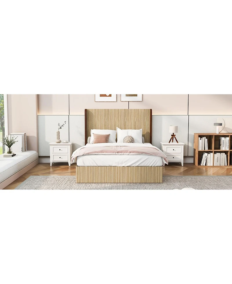 Streamdale Furniture Queen Size Serrated Wooden Platform Bed with Wing-Shaped Headboard