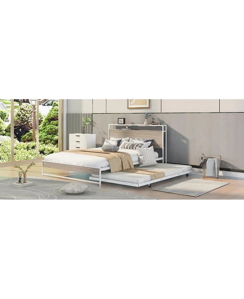 Streamdale Furniture Queen Metal Platform Bed Frame with Trundle Usb Ports and Slat Support