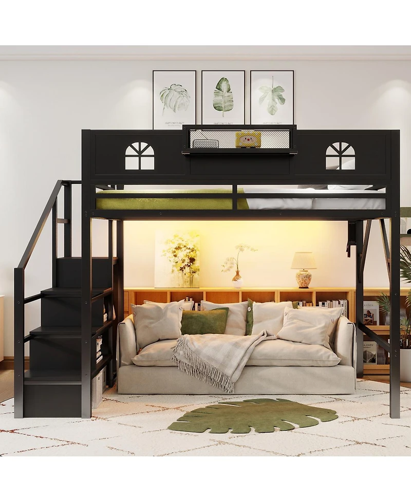 Streamdale Furniture Queen Size Metal Loft Bed with Stairs Wardrobe and Guardrails