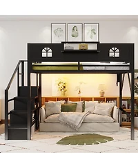Streamdale Furniture Queen Size Metal Loft Bed with Stairs Wardrobe and Guardrails