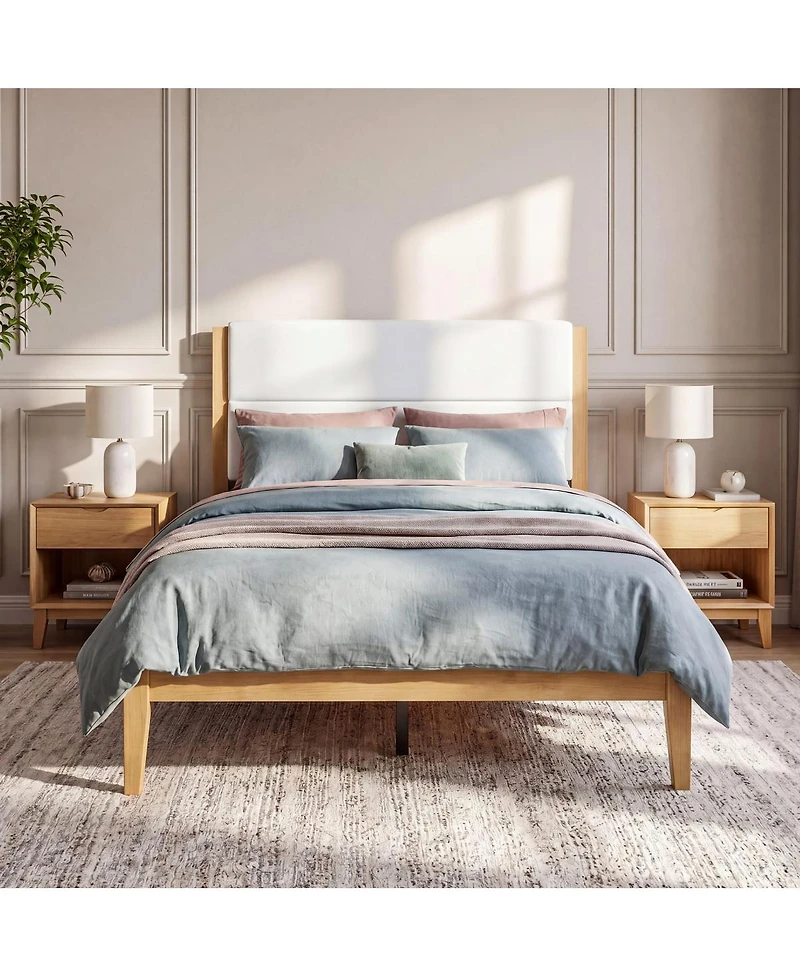 Streamdale Furniture Mid-Century Modern Upholstered Queen Platform Bed Natural Wood