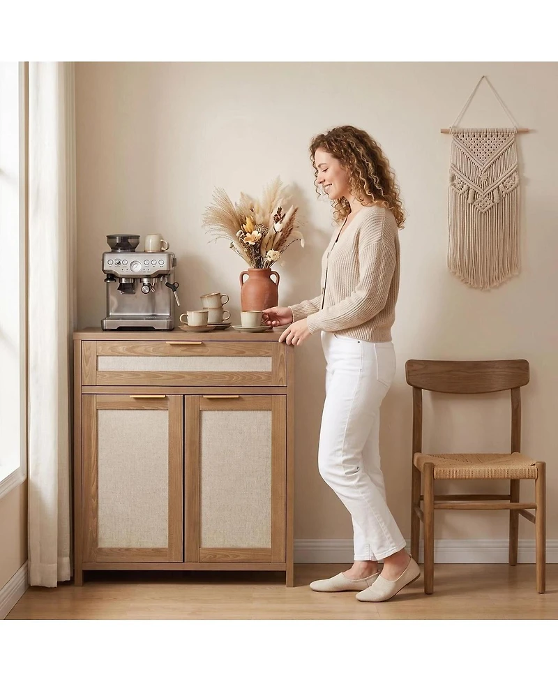 Streamdale Furniture Rattan Farmhouse Sideboard Buffet Cabinet with Adjustable Shelf and Drawer