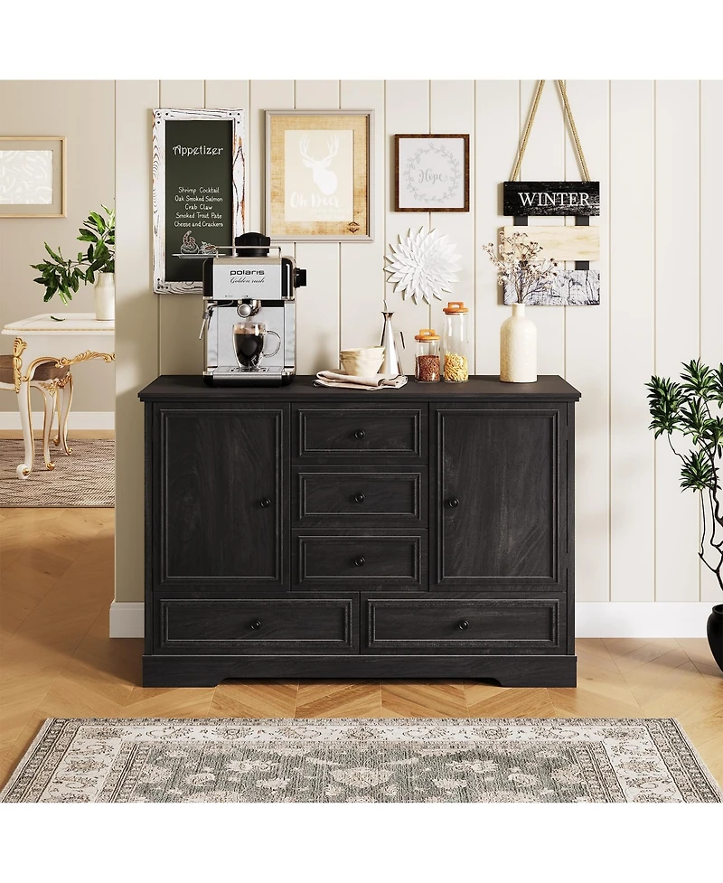 homfan Farmhouse Sideboard Buffet Cabinet with 5 Drawers and 2 Doors Coffee Bar Console Table for Dining Room Living Entryway