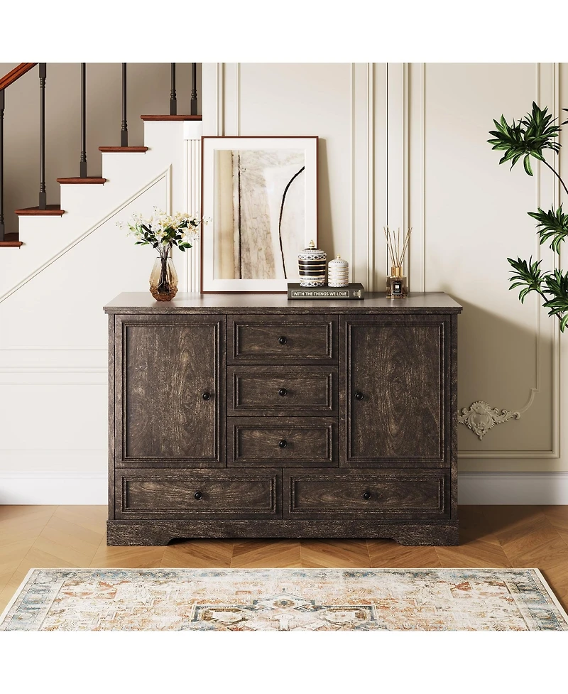 homfan Farmhouse Sideboard Buffet Cabinet with 5 Drawers and 2 Doors Coffee Bar Console Table for Dining Room Living Entryway