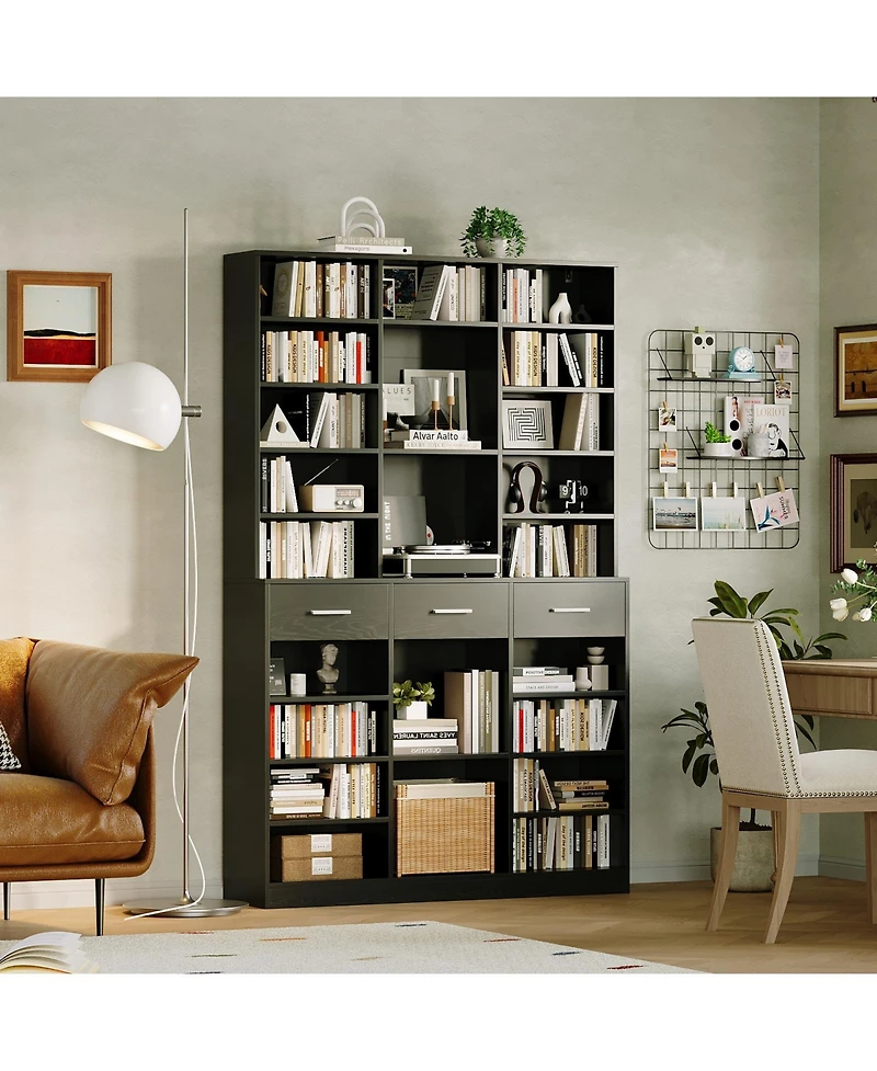 homfan 75" Tall Bookcase with Drawers, 9-Tier Adjustable Shelves, Farmhouse Wood Bookshelf for Living Room and Office