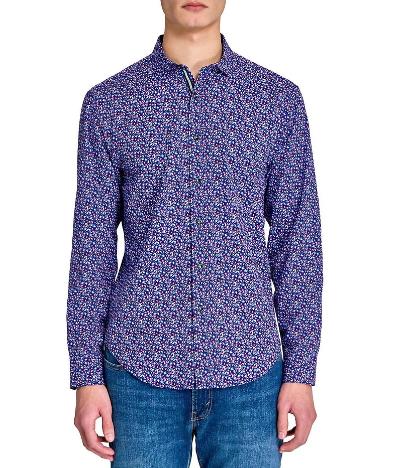 Society of Threads Men's Regular Fit 4-Way Stretch Performance Clustered Petal Long Sleeve Button Down