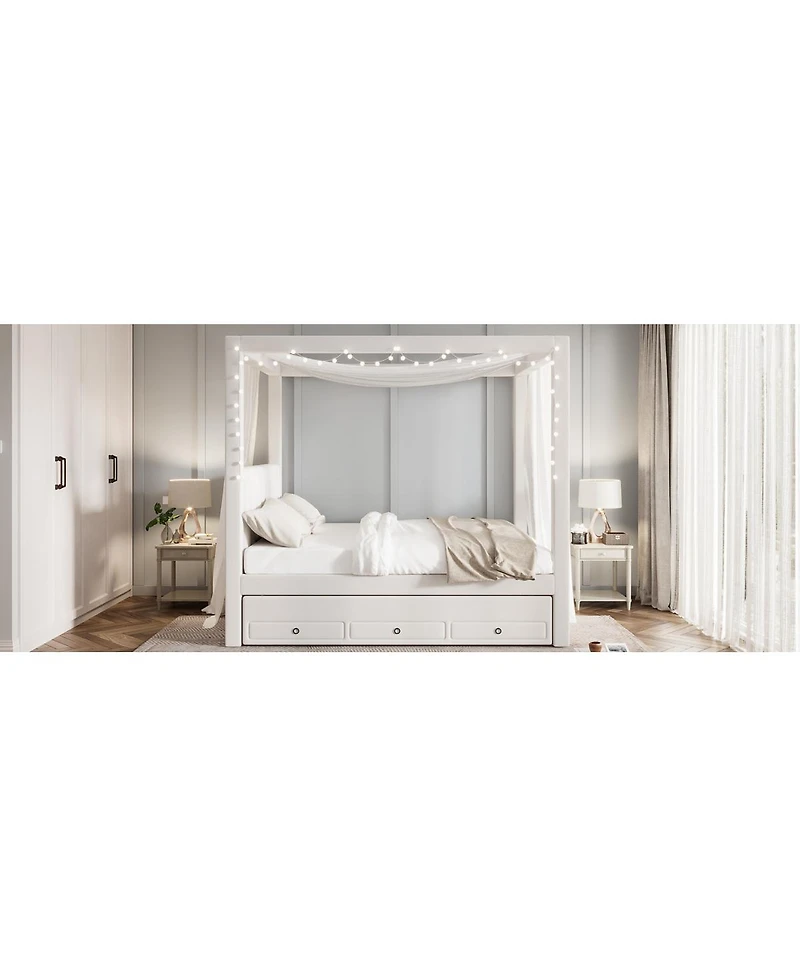Streamdale Furniture Upholstery Canopy Platform Bed with Trundle and 3 Drawers