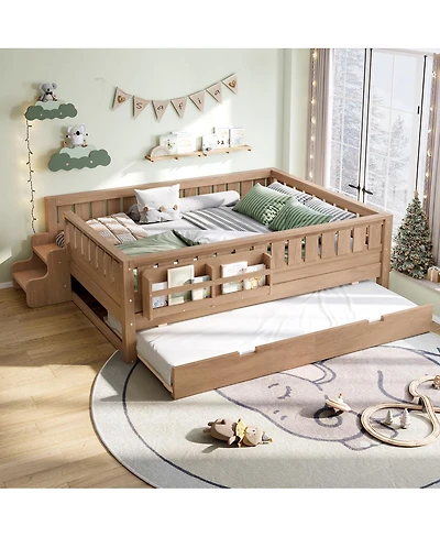 Streamdale Furniture Full Loft Bed with Bookshelves Staircase Safety Rails and Trundle