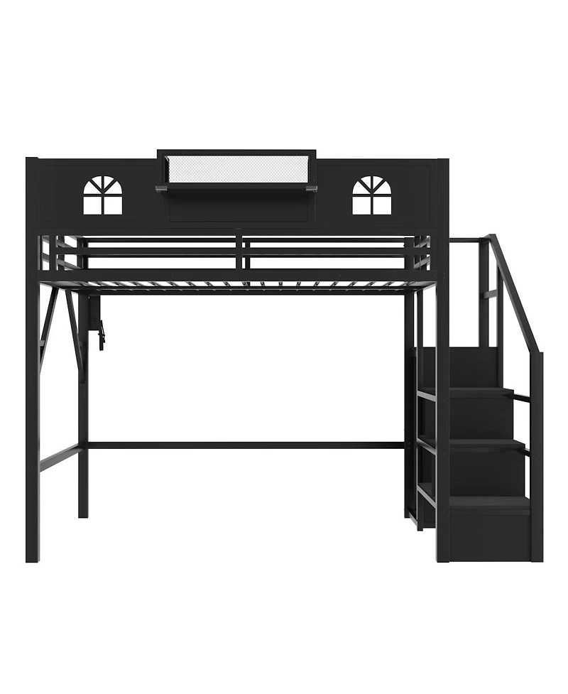 Streamdale Furniture Full Size Metal Loft Bed with Stairs Wardrobe and House-Shaped Guardrails