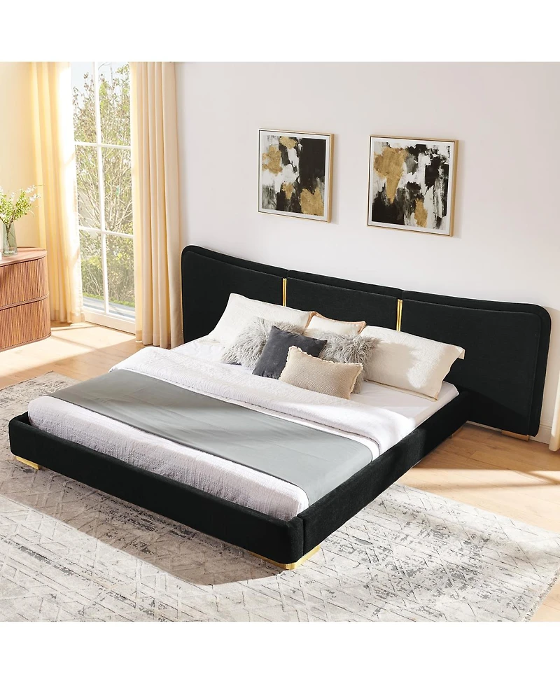 Streamdale Furniture Extra Large Chenille Platform Bed with Curved Headboard