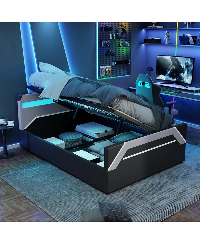 Streamdale Furniture Queen Size Led Gaming Bed with Hydraulic Storage Cyberpunk Style