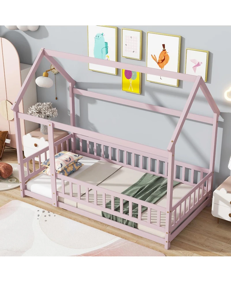Streamdale Furniture Twin Size House Floor Wooden Bed with Roof Frame Safety Guardrails