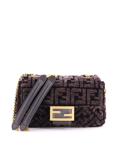 Pre-Owned Fendi Medium Midi Baguette Chain Bag Zucca Shearling