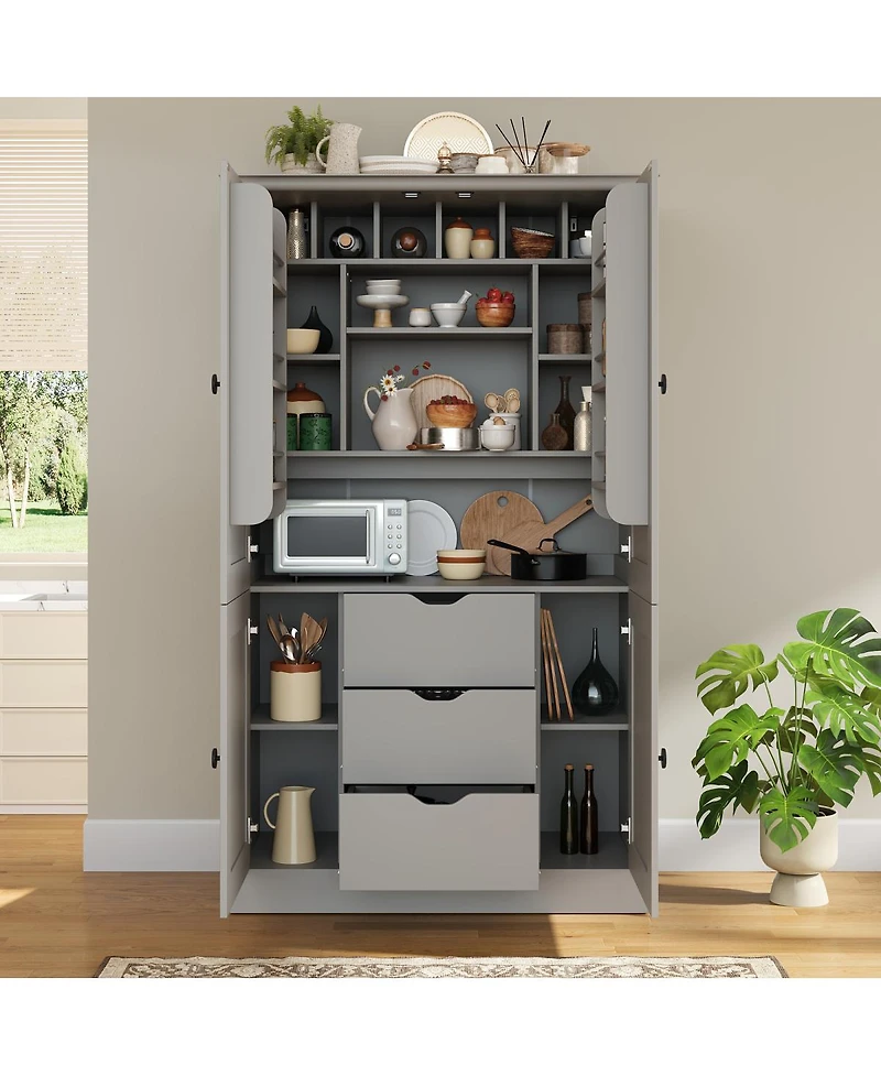 Streamdale Furniture Freestanding Kitchen Pantry Cabinet with 4 Doors 3 Drawers and Wine Racks