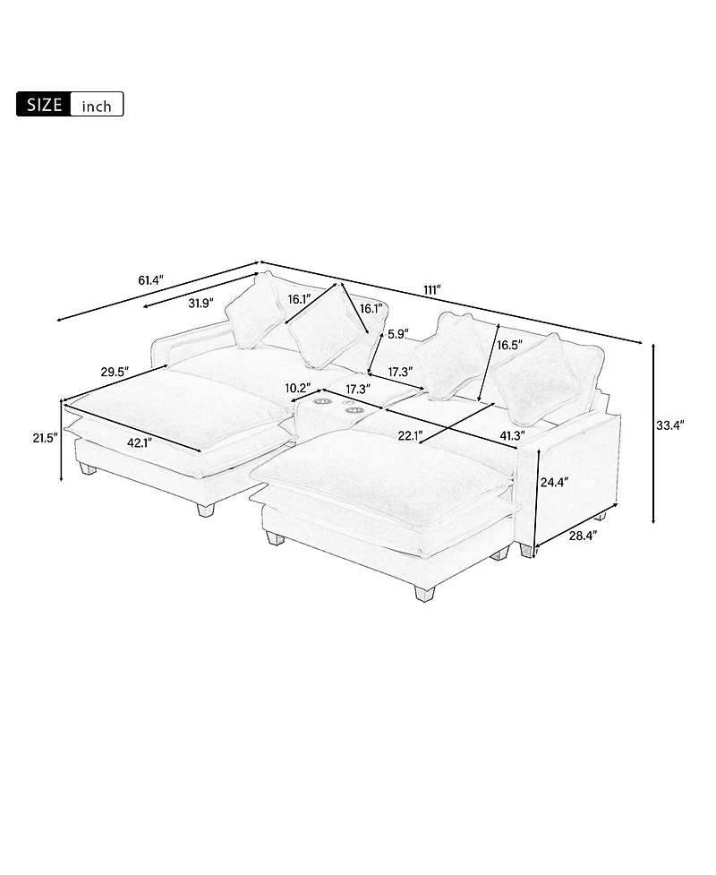 Streamdale Furniture 111'' Chenille Sectional Sofa with Storage Ottomans Usb Ports and Cup Holders