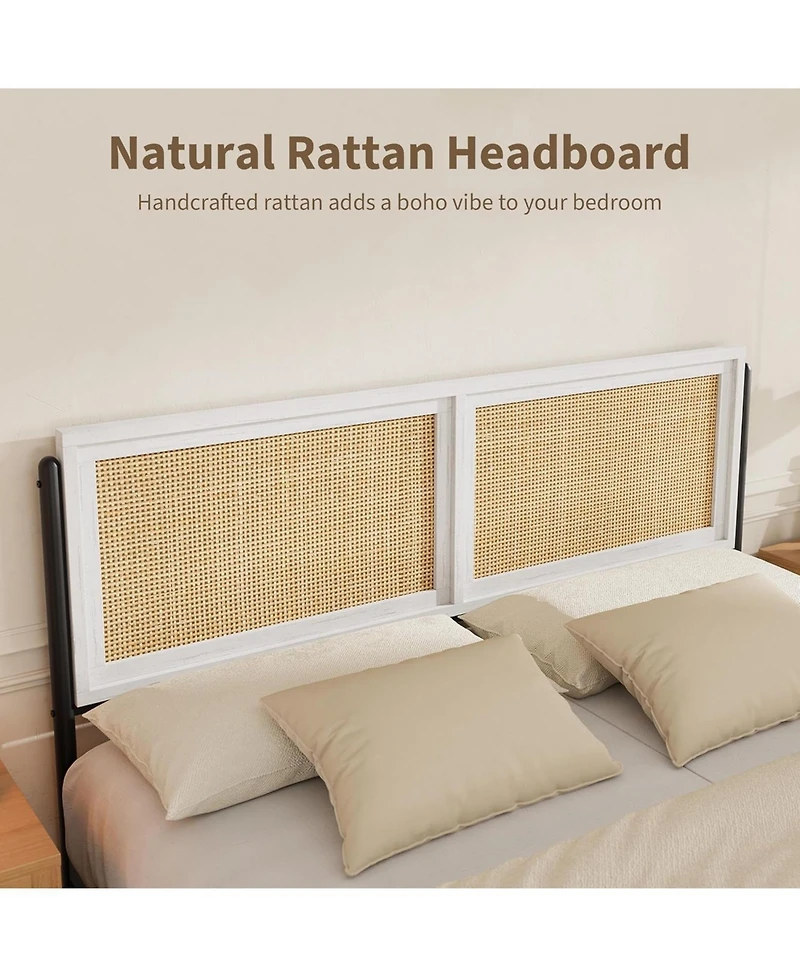 gaomon Boho Style Rattan Bed Frame with Rattan Headboard and Footboard Durable Wood and Metal Platform, Noise Free