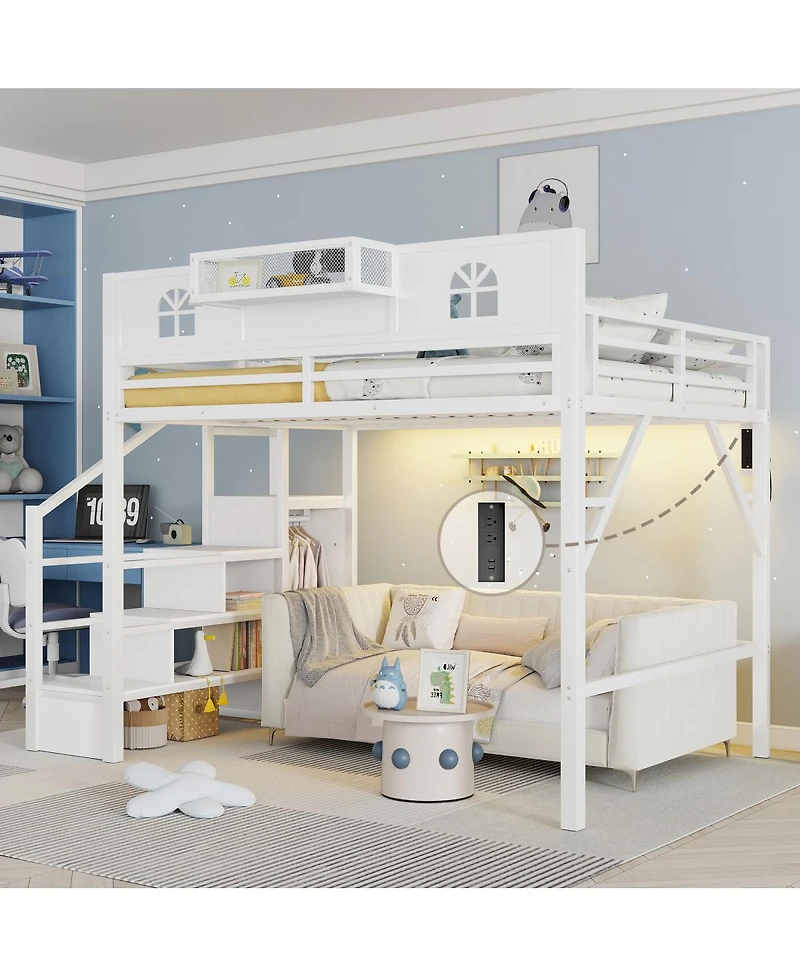 Streamdale Furniture Metal Loft Bed with Stairs Wardrobe and Guardrails