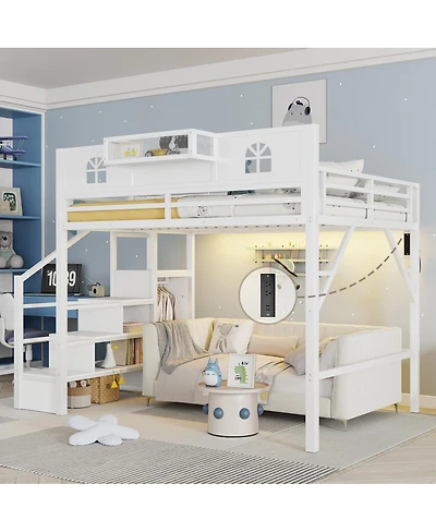 Streamdale Furniture Metal Loft Bed with Stairs Wardrobe and Guardrails