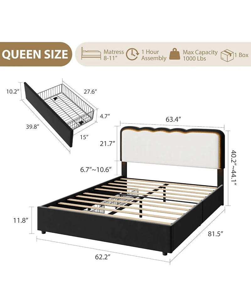 gaomon Upholstered Led Bed Frame with Storage Drawer and Adjustable Headboard, Velvet Princess Platform Bed