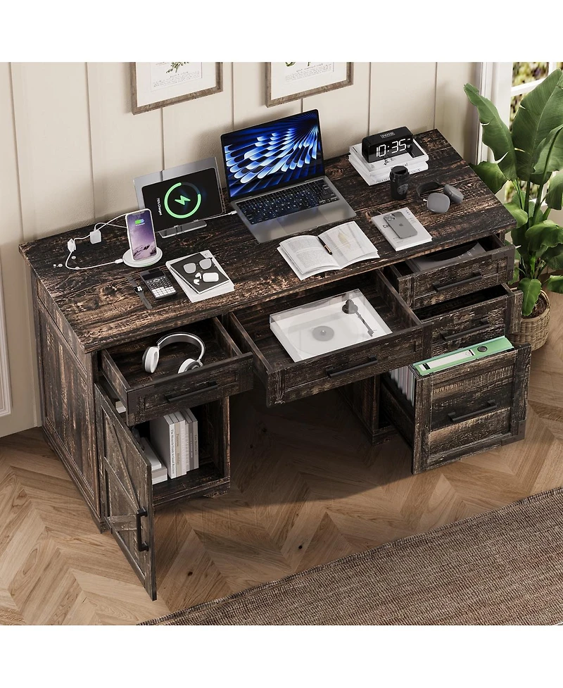 Streamdale Furniture 55'' Farmhouse Executive Desk with Charging Station 5 Drawers and Cabinet
