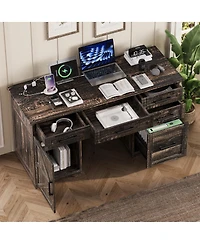 Streamdale Furniture 55'' Farmhouse Executive Desk with Charging Station 5 Drawers and Cabinet