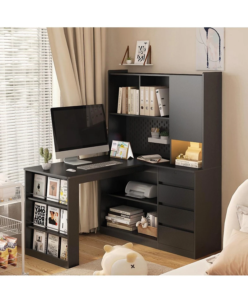 Streamdale Furniture L-Shaped Computer Desk with Drawers Shelves Led Lights and Charging Station