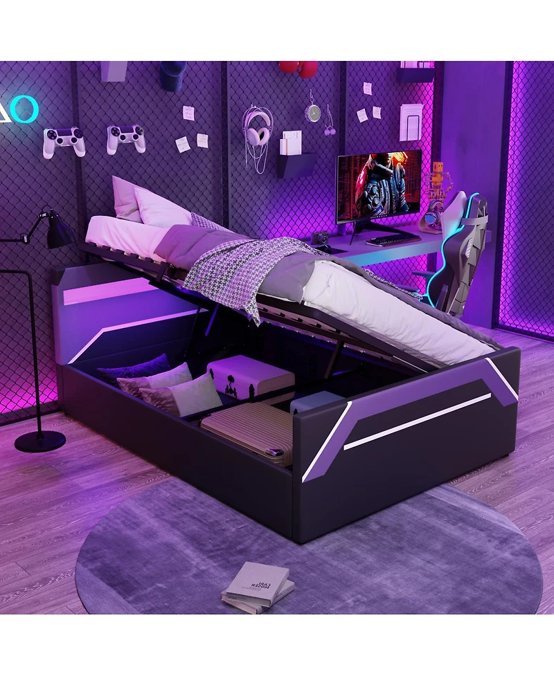 Streamdale Furniture Queen Size Led Gaming Bed with Hydraulic Storage