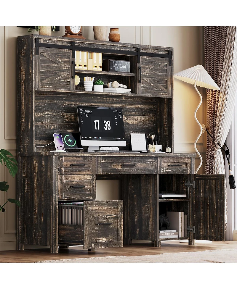 Streamdale Furniture Farmhouse Executive Desk with Hutch Charging Station and Barn Door Storage