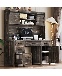Streamdale Furniture Farmhouse Executive Desk with Hutch Charging Station and Barn Door Storage