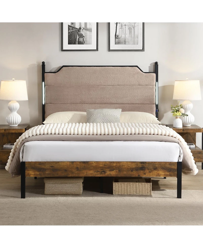 Streamdale Furniture King Bed Frame with Led Headboard Charging Station and Under-Bed Storage