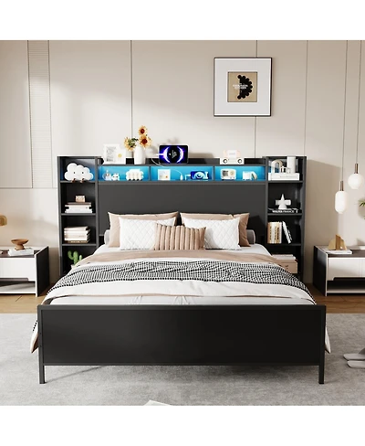 Streamdale Furniture Twin Bed Frame with Usb Charging Station Storage Headboard and Led Lights