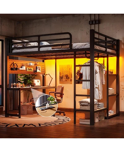 Streamdale Furniture Full Loft Bed with Desk Storage Shelves Usb Ports and Lights