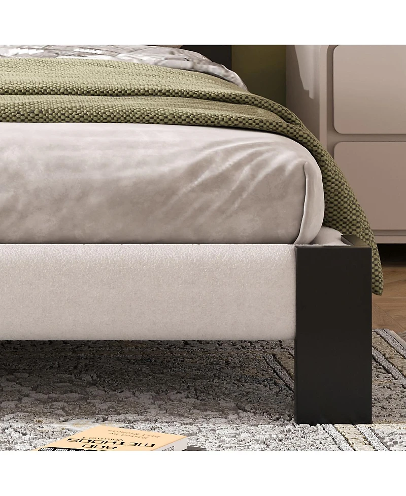 Streamdale Furniture Boucle Queen Bed frame with Square-Stitched Headboard