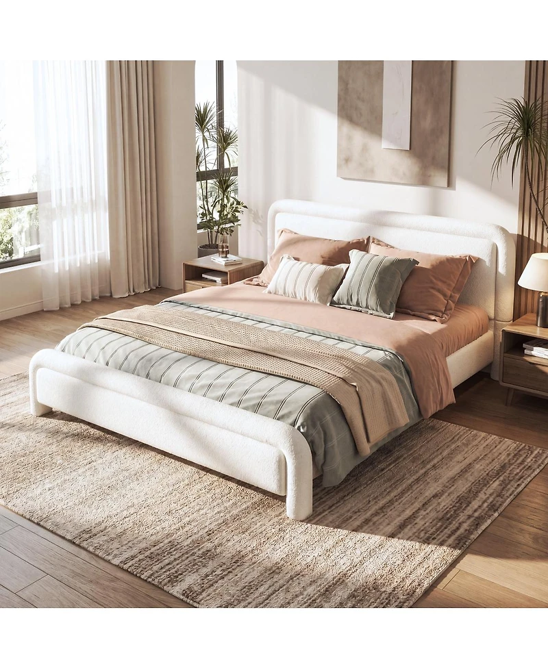 Streamdale Furniture Queen Size Upholstered Boucle Platform Bed with Curved Headboard