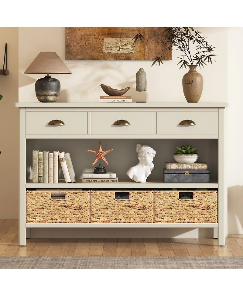 Streamdale Furniture Retro Console Table with 3 Storage Drawers and Woven Baskets