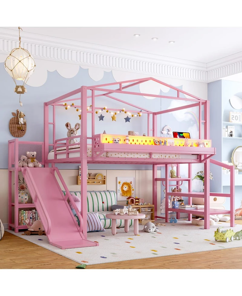 Streamdale Furniture Metal Loft Bed with Storage Wardrobe Usb and Led Lights