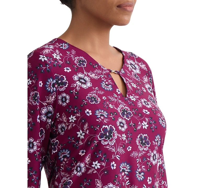 Jones New York Women's Floral Print Key-Hole Detail Top