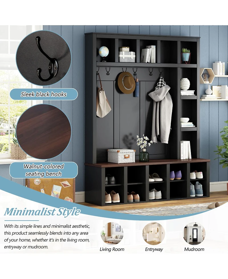 Streamdale Furniture Farmhouse 4-in-1 Hall Tree with Storage Bench and 6 Hooks 76.7''H
