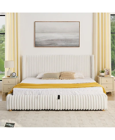 Streamdale Furniture Functional Striped Gas Lift Storage Bed Luxury Rabbit Fur Upholstered