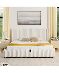 Streamdale Furniture Functional Striped Gas Lift Storage Bed Luxury Rabbit Fur Upholstered