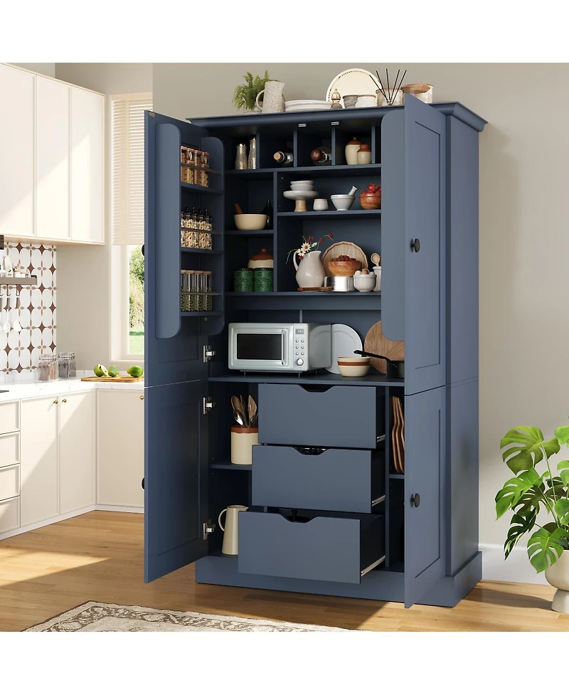 Streamdale Furniture Freestanding Kitchen Pantry Cabinet with 4 Doors 3 Drawers and Wine Racks