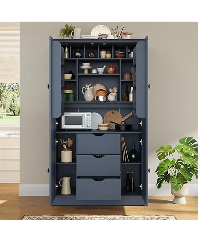 Streamdale Furniture Freestanding Kitchen Pantry Cabinet with 4 Doors 3 Drawers and Wine Racks