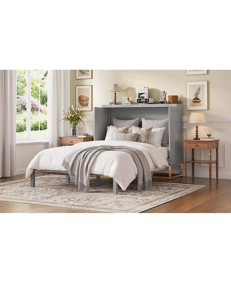 Streamdale Furniture Murphy queen bed with Wooden doors design fake drawers metal legs