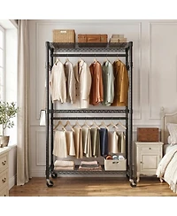 Streamdale Furniture Heavy Duty 3-Tier Rolling Garment Rack with 2 Rods and Side Hooks