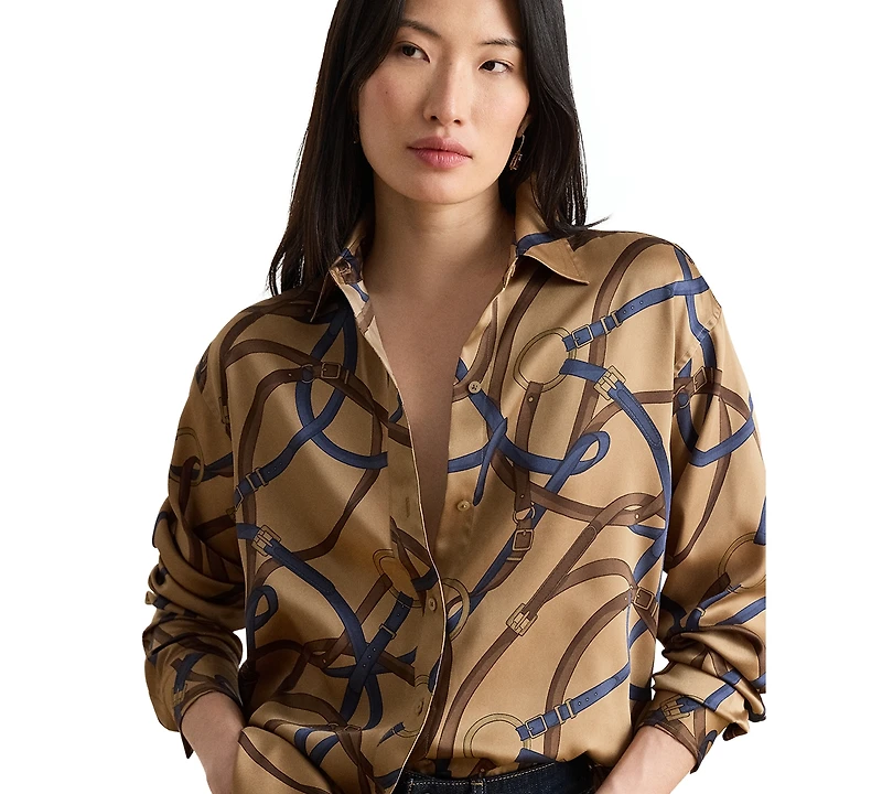 Lauren Ralph Petite Relaxed-Fit Belting-Print Twill Button-Up Top