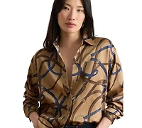 Lauren Ralph Petite Relaxed-Fit Belting-Print Twill Button-Up Top