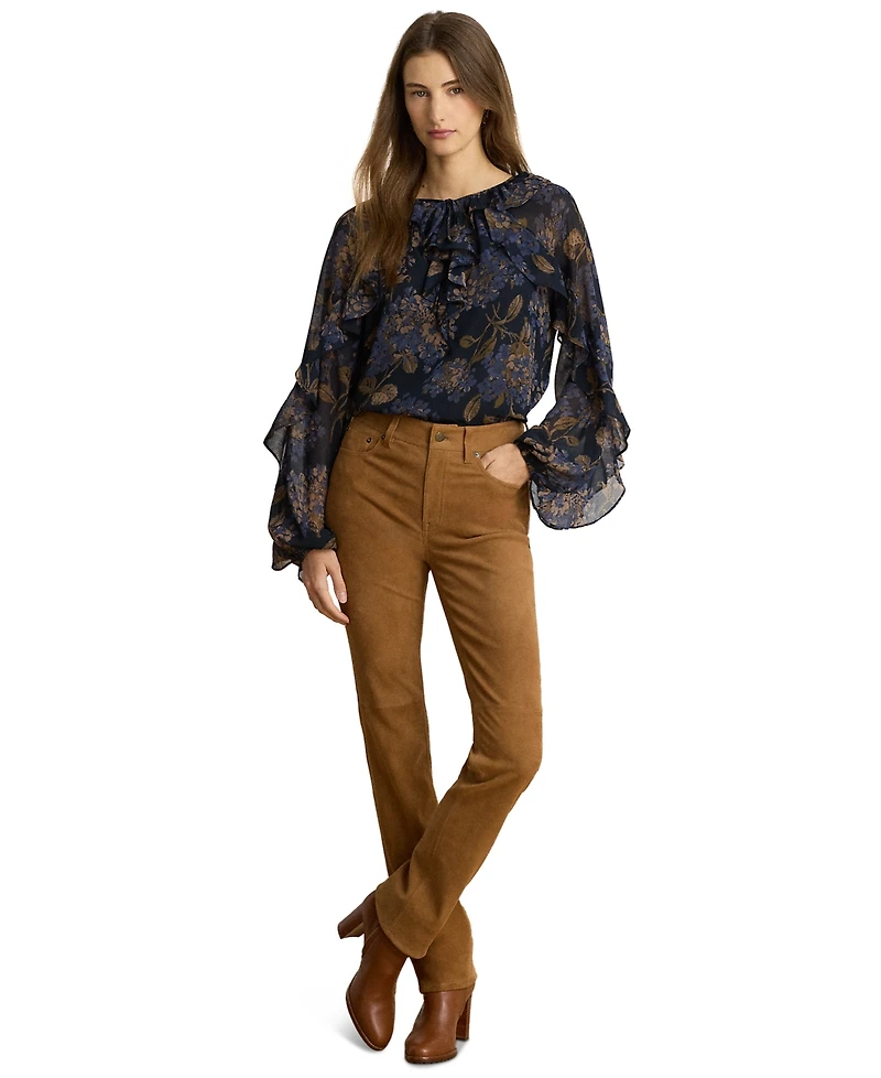 Lauren Ralph Petite Floral Crinkle Georgette Ruffle-Trim Tie-Neck Blouse