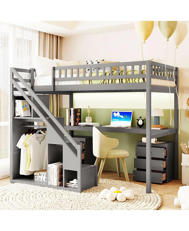 Streamdale Furniture Twin Size Loft Bed with Two Chest of Drawers Desk and Light Strip