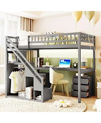 Streamdale Furniture Twin Size Loft Bed with Two Chest of Drawers Desk and Light Strip