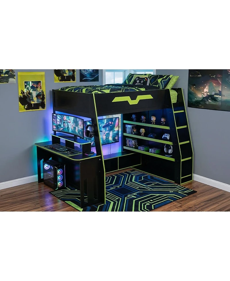 Streamdale Furniture Full Size Wood Loft Bed with Desk Storage Shelves and Rgb Lights